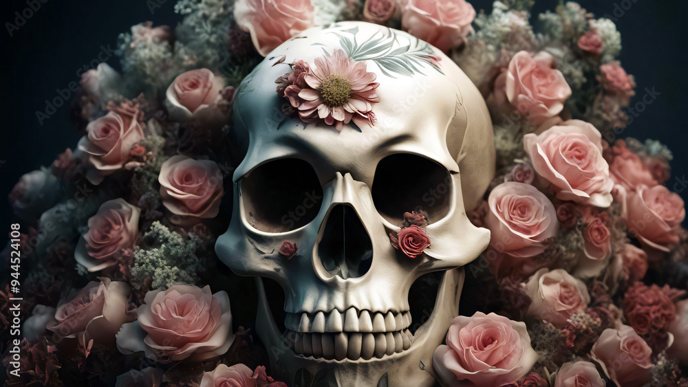 Naklejka premium Skull with flowers and colorful style for t-shirt design. Colorful Mexican skull for Day of the Dead. Skull made entirely of vibrant roses and leaves, with petals forming the contours of the face