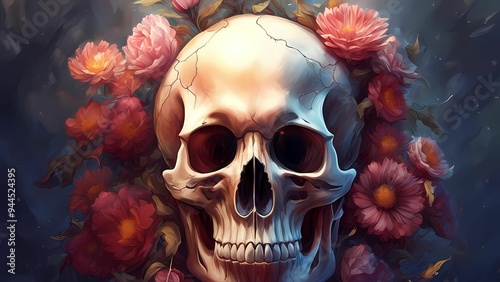 Skull with flowers and colorful style for t-shirt design. Colorful Mexican skull for Day of the Dead. Skull made entirely of vibrant flowers and leaves, with petals forming the contours of the face