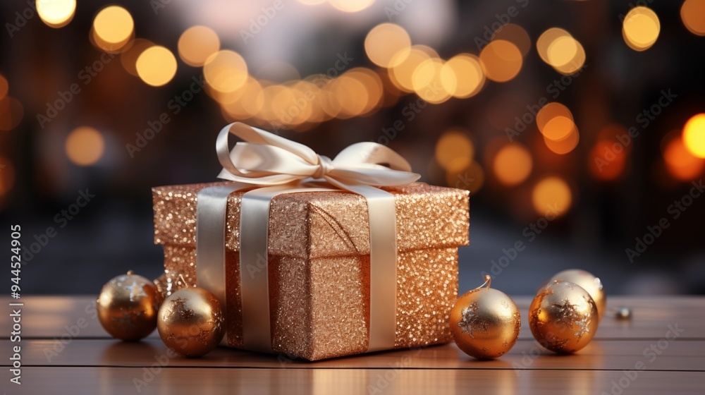 gift box on table with blur Christmas tree and golden festive bokeh light background for special holiday gift box on table with blur Christmas tree and golden festive bokeh light background for special holiday