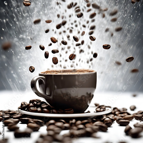 Coffee beans falling into a cup of coffee photo