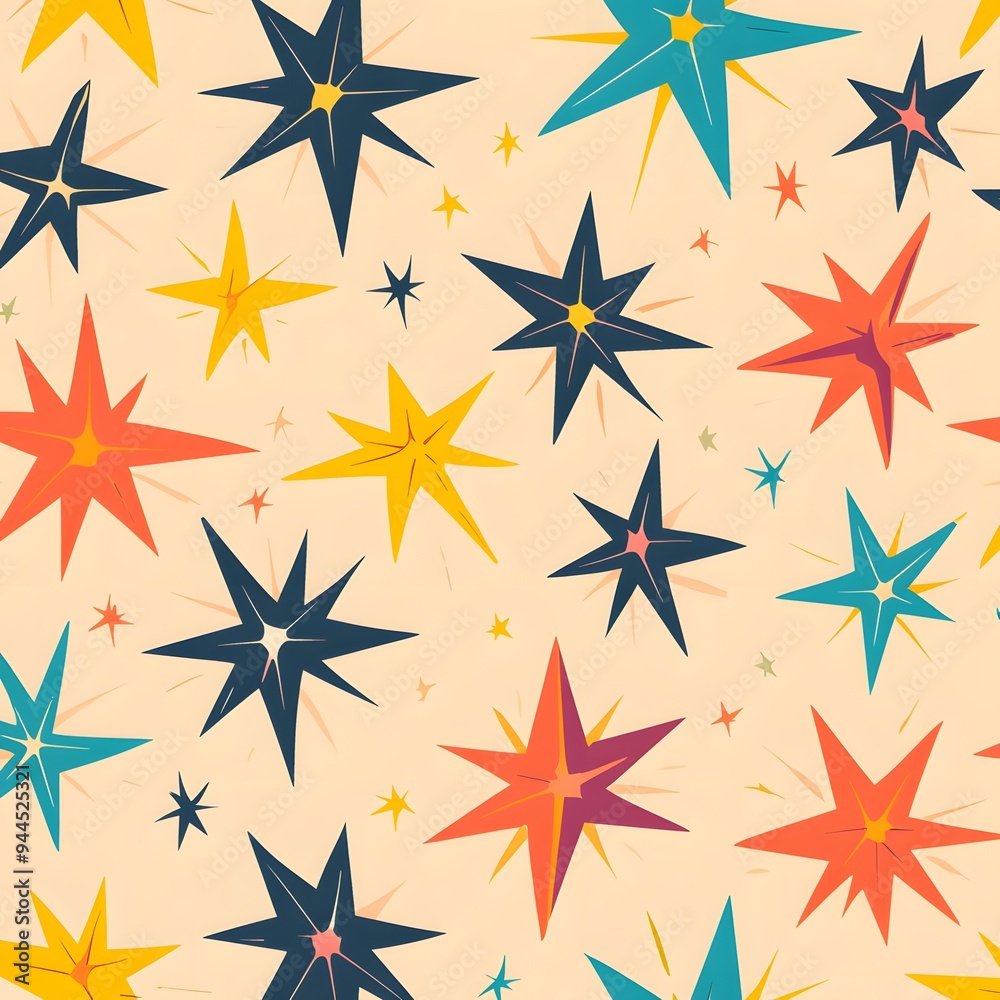 Obraz premium 71. **Design a seamless pattern featuring playful, overlapping stars in a festive, vibrant color scheme.**