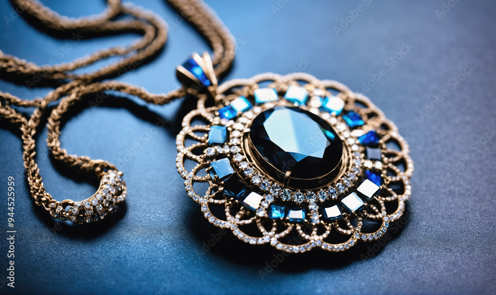 A gold necklace with a large blue gemstone pendant rests on a blue surface A gold necklace with a large blue gemstone pendant rests on a blue surface