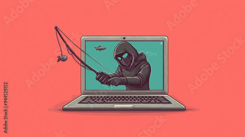 Cyber Crime Illustration with Hooded Hacker and Phishing Concept Image photo