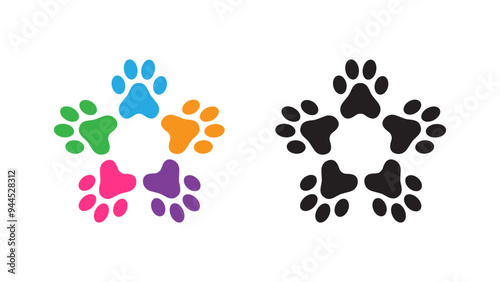 Colorful Paw Prints Forming a Vibrant Star or flower Symbolizing Unity, Love, and Unbreakable Bonds of Friendship and Companionship Through Pets and Animals
