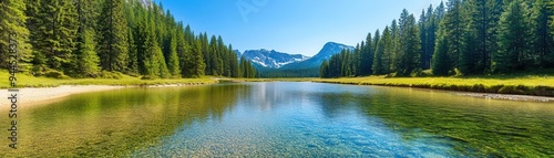 A serene mountain stream flowing through a dense forest, with crystal-clear water reflecting the sky, Hyperrealistic, Vibrant Colors