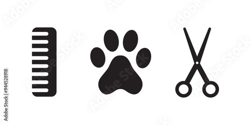 Pet Grooming Vector Icons - Dog Paw, Scissor, and Comb Symbols for Animal Care, Grooming Services, Pet Salons, Dog Grooming, Animal Grooming, Pet Care, and Veterinary Services
