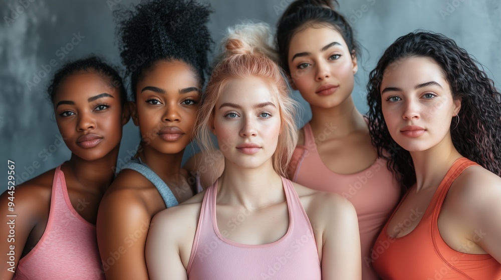 Group of young women in athletic wear posing together against a textured backdrop in a bright, modern indoor space Group of young women in athletic wear posing together against a textured backdrop in a bright, modern indoor space