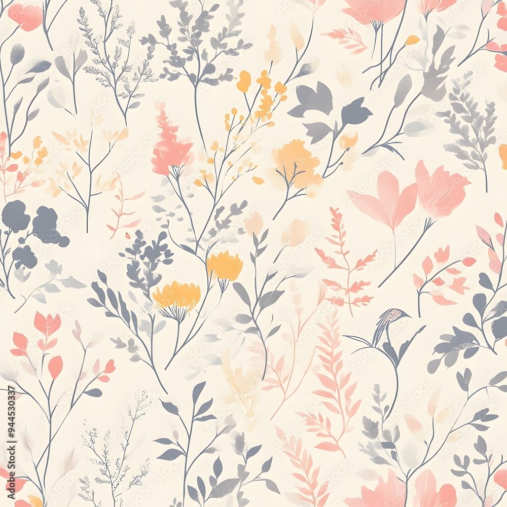 49. **Create a seamless pattern with delicate, nature-inspired silhouettes in a soft, pastel palette.**