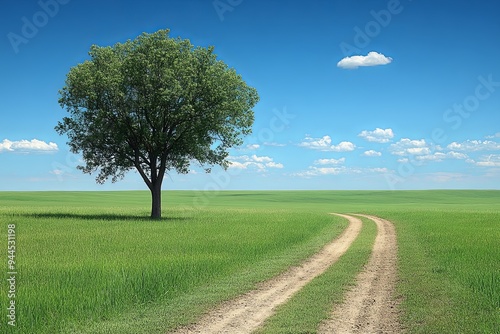 A serene dirt path winds through vibrant green fields beneath a bright blue sky dotted with clouds. Generative AI photo