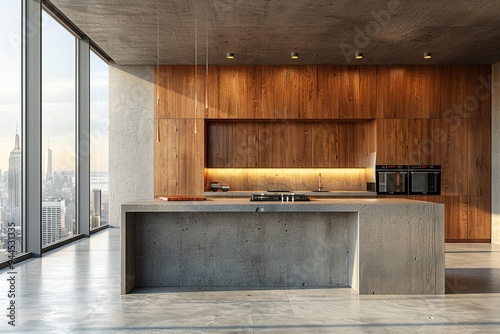 Modern wood and concrete kitchen interior with empty mock up place on wall, island, appliances and window with city view and daylight