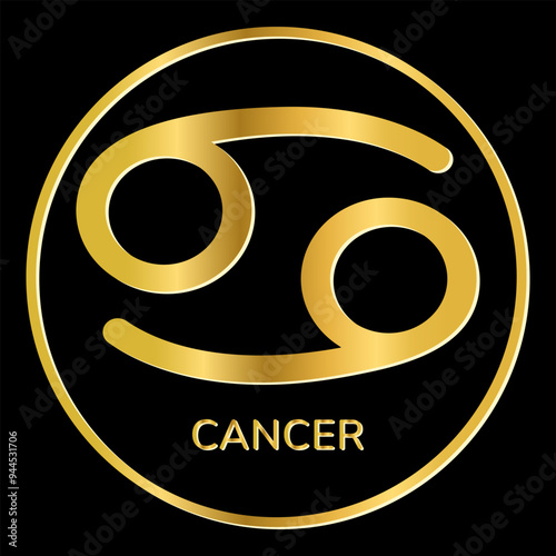 Cancer zodiac sign icon. Golden shine symbol isolated on black background. Tattoo image, astrological, zodiacal horoscope. Vector illustration.