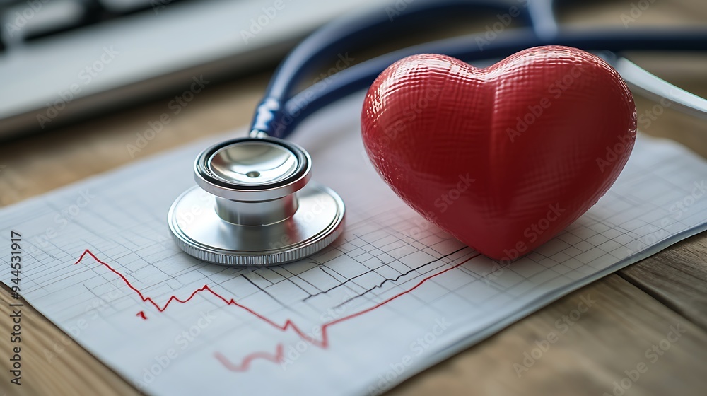 A red heart model and stethoscope on a graph, representing heart health and medical diagnosis. A red heart model and stethoscope on a graph, representing heart health and medical diagnosis.