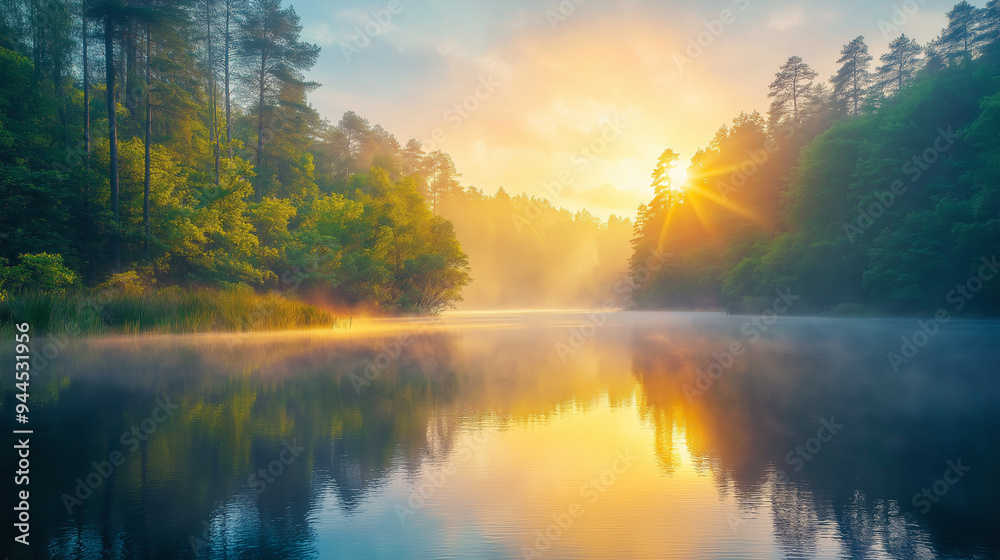 A serene lake at dawn with mist rising, surrounded by dense pine forests A serene lake at dawn with mist rising, surrounded by dense pine forests