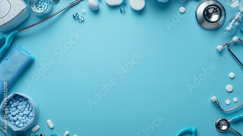 Top view with copy space of medical equipment, stethoscope, syringes, pills, and scissors on edge on light blue banner background design 