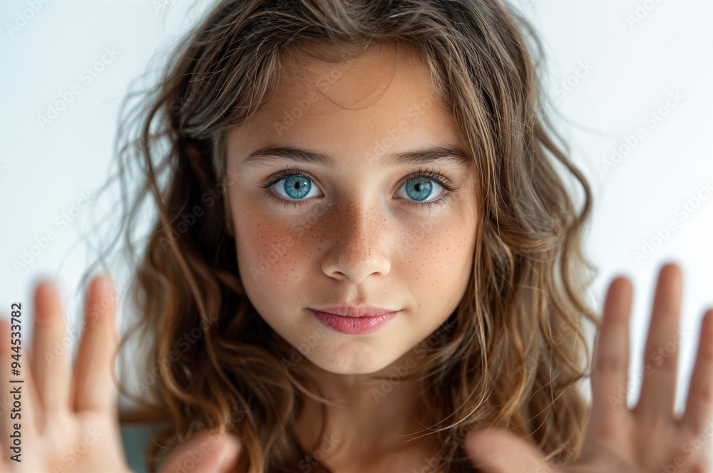 A ten year old blond girl holding up her hands to say stop, a Child's choice, themes of stranger danger and learning to say no. A ten year old blond girl holding up her hands to say stop, a Child's choice, themes of stranger danger and learning to say no.