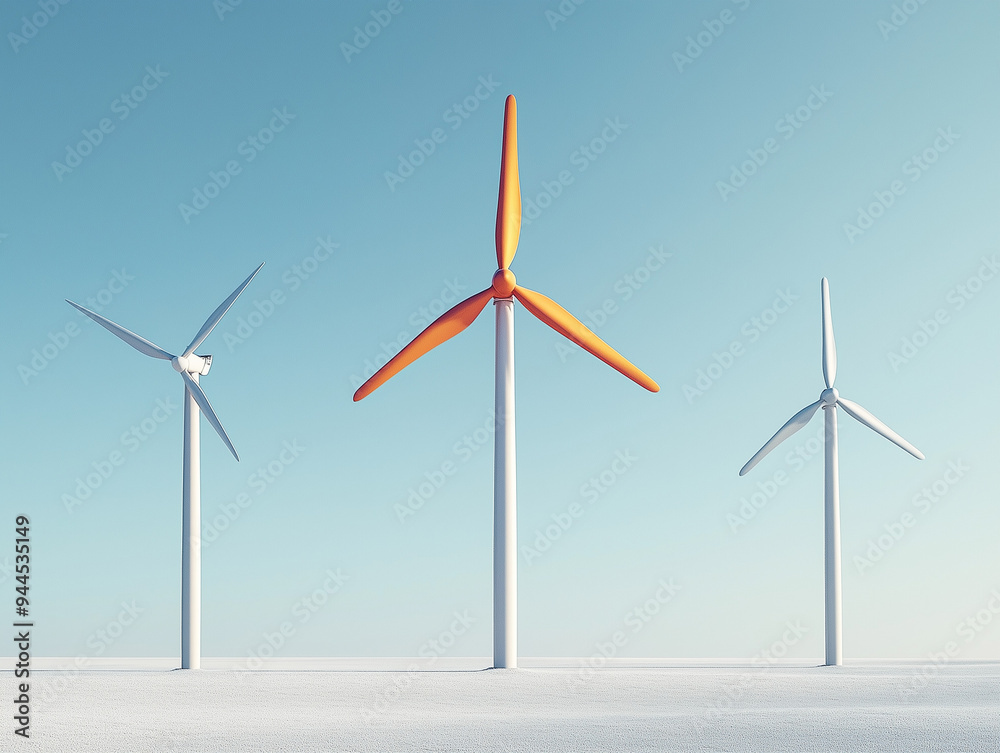 Paysage avec éoliennes, Symbole de l'énergie renouvelable et du réchauffement climatique et de la transition énergétique, image minimaliste Paysage avec éoliennes, Symbole de l'énergie renouvelable et du réchauffement climatique et de la transition énergétique, image minimaliste