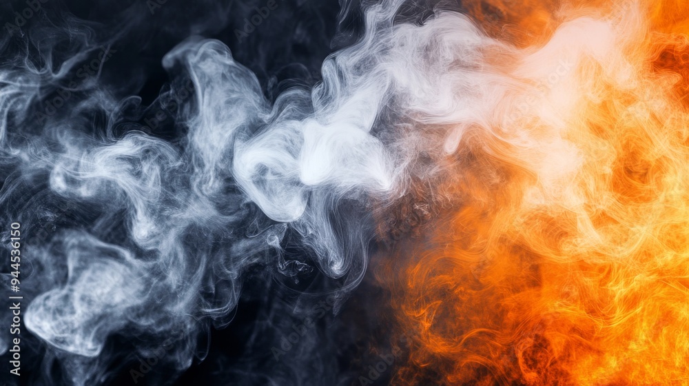 Obraz premium A dense background of swirling smoke in shades of orange, white and black. The thick, dark haze has a dramatic and atmospheric effect in the orange, white and black colors, evoking mystery.