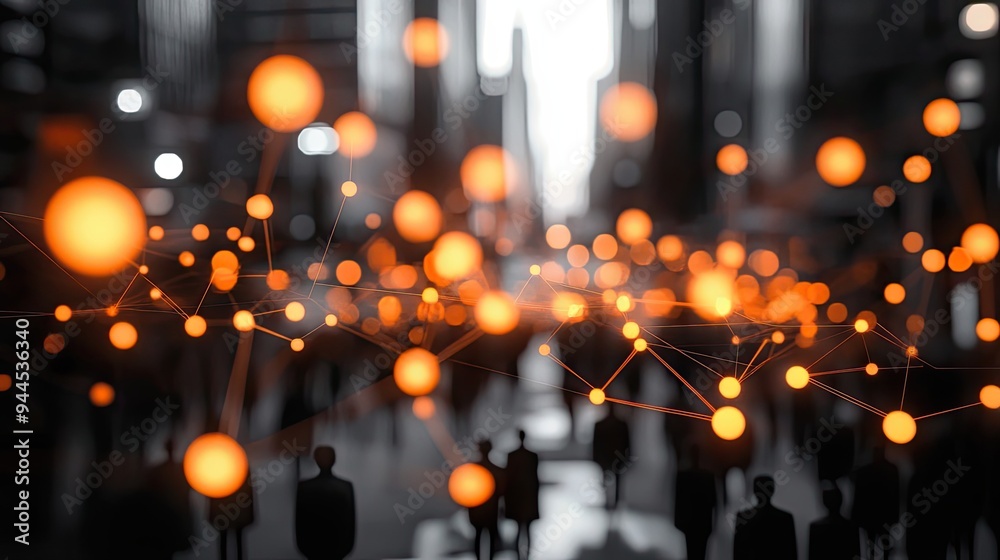 Fototapeta premium Abstract Network of Silhouettes and Orange Lights in a City