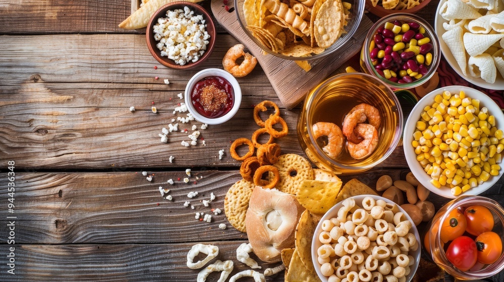 Variety of Snacks on Wooden Background. Variety of Snacks on Wooden Background.
