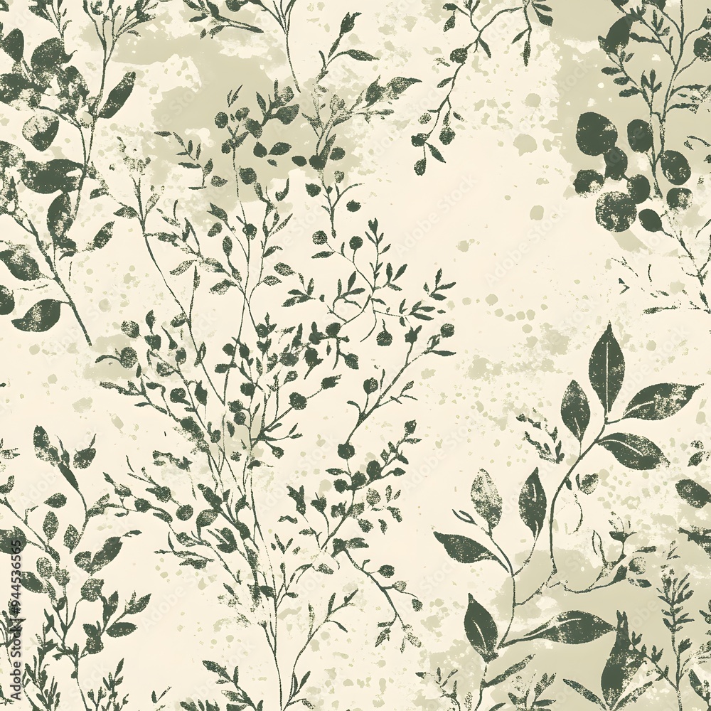 41. **Design a seamless pattern featuring delicate, botanical sketches in a muted green and beige.**