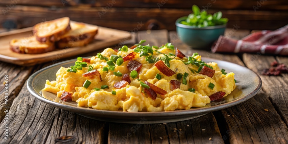scrambled eggs, crispy bacon, and cheddar cheese, with a sprinkle of chopped chives scrambled eggs, crispy bacon, and cheddar cheese, with a sprinkle of chopped chives