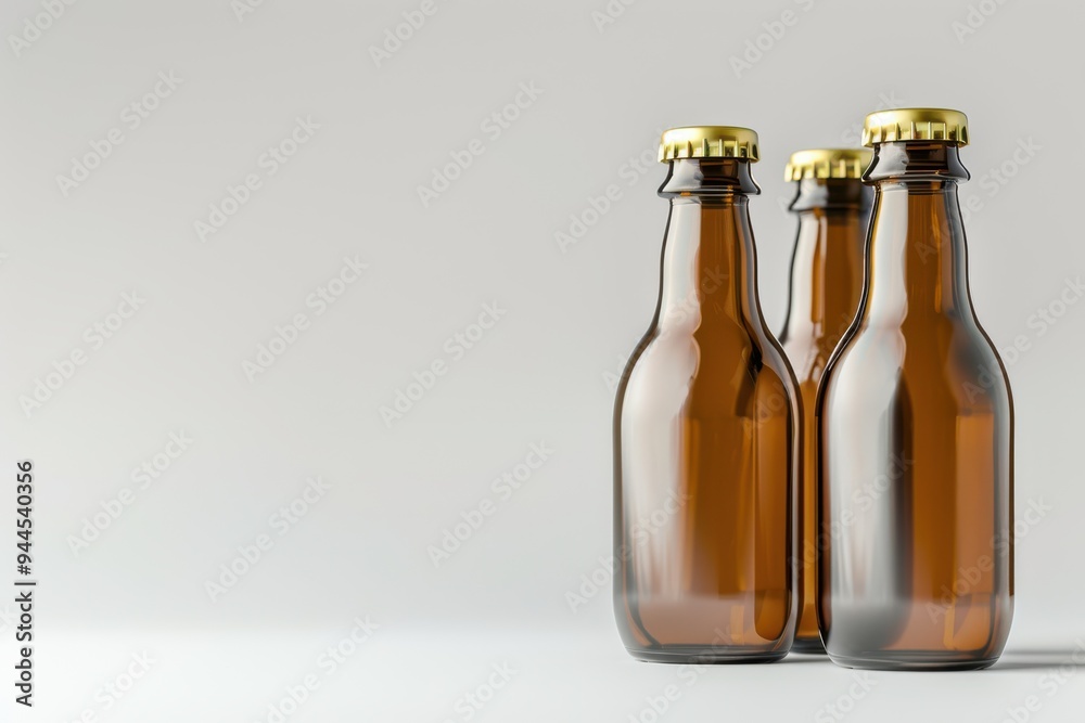 Three amber glass bottles with golden caps standing on a neutral background