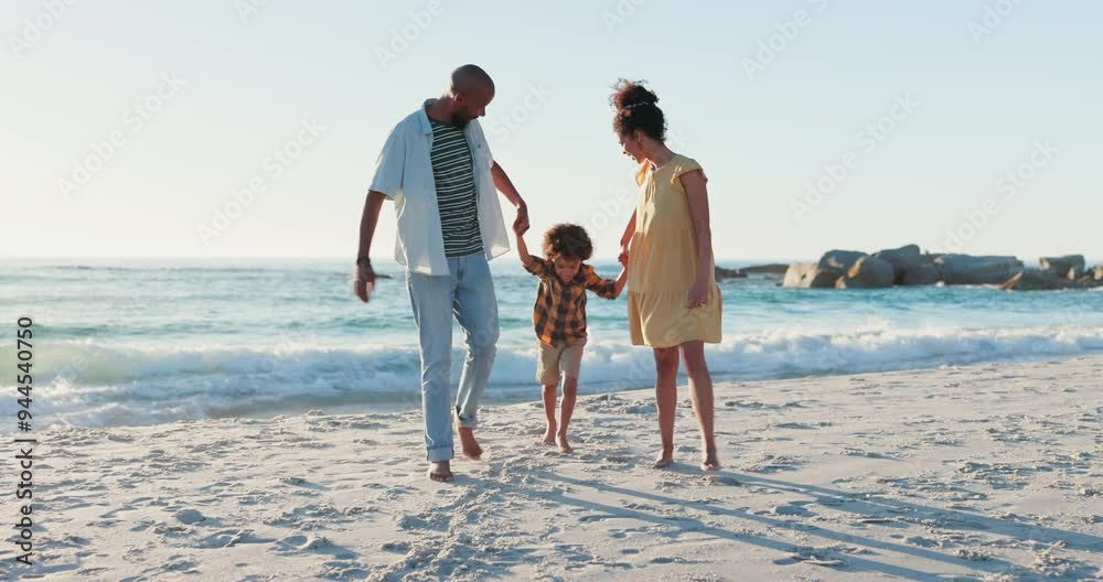 Beach, swing and parents with child in nature for freedom, fun and bonding outdoor. Love, happy family and kid holding hands with people at the sea for lifting, games and playing on summer vacation Beach, swing and parents with child in nature for freedom, fun and bonding outdoor. Love, happy family and kid holding hands with people at the sea for lifting, games and playing on summer vacation