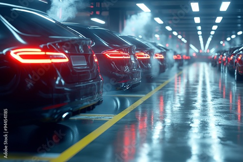 A row of sleek black cars parked in a stylish underground garage, illuminated by ambient lighting with visible mist. Generative AI