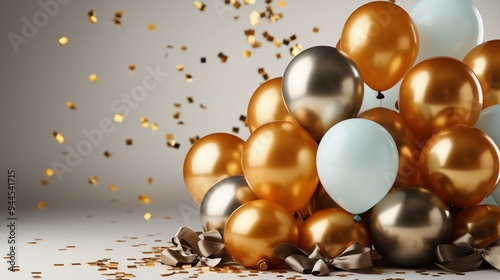 Wallpaper Mural Gold shiny confetti and gold balloons on white background, middle has open space for your message copy, Celebration and party invitation concept Torontodigital.ca