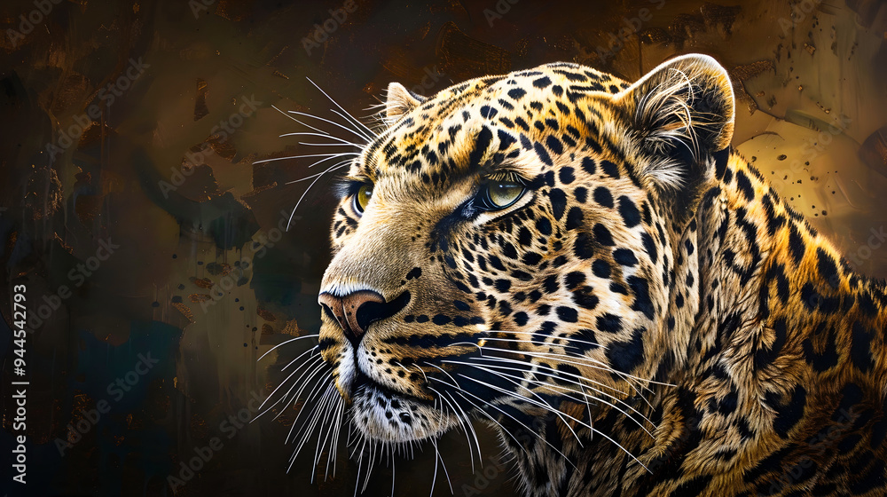 Fototapeta premium Captivating close up portrait of a majestic leopard showcasing the strength grace and fierce beauty of this iconic wild cat species The leopard s striking spotted fur intense gaze