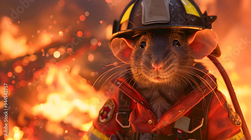 A heroic rat wearing a firefighter s uniform and helmet bravely confronts a raging fire in the background showcasing bravery and determination in the face of a perilous emergency situation photo