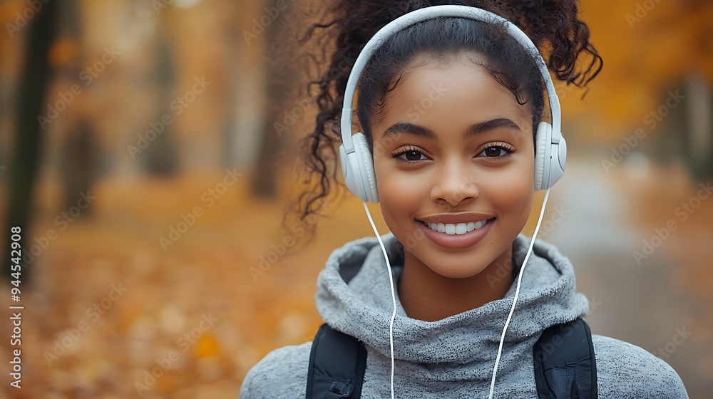 Close up happy candid young black african american female teenager running jogging outdoors in nature. Mixed race girl exercising wearing white headphones listening to music Close up happy candid young black african american female teenager running jogging outdoors in nature. Mixed race girl exercising wearing white headphones listening to music