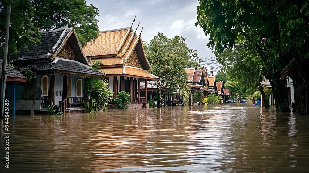 Traditional Thai Houses Surrounded by Floodwater in Lush Tropical Environment Traditional Thai Houses Surrounded by Floodwater in Lush Tropical Environment