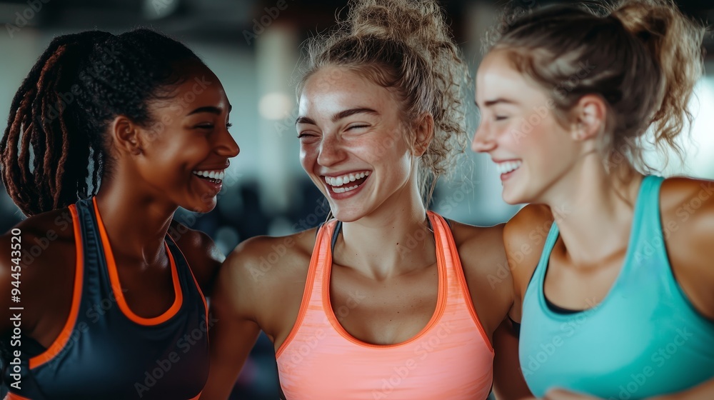 Three friends enjoying a joyful moment after a lively workout session in a bright gym during the morning Three friends enjoying a joyful moment after a lively workout session in a bright gym during the morning