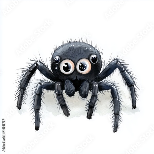A smiling cute black spider painted in watercolor style. Halloween spider with a face. A Halloween character. Concept drawing isolated on a white background