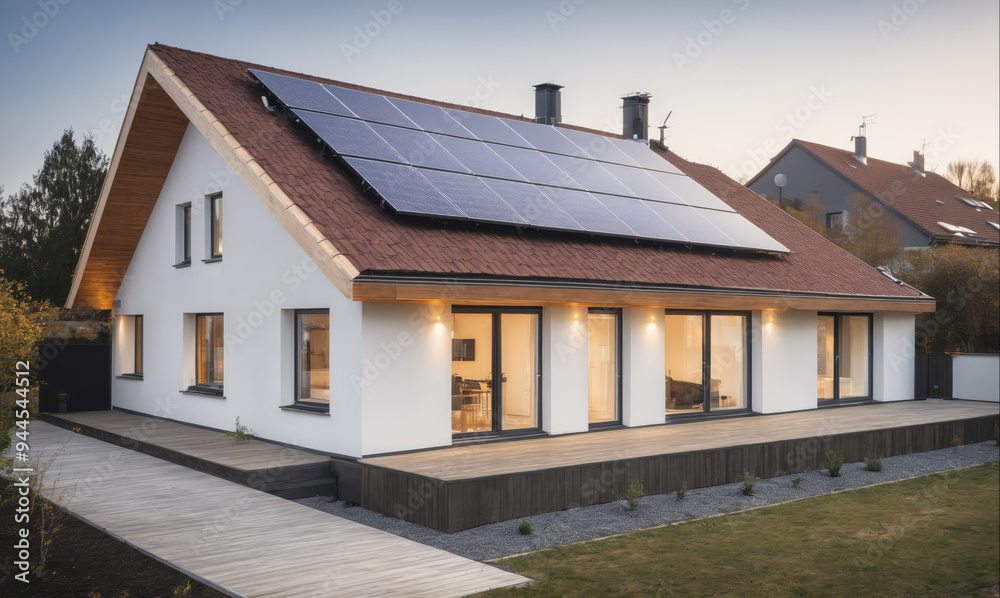 A modern house with solar panels on the roof sits on a grassy lot in the evening A modern house with solar panels on the roof sits on a grassy lot in the evening