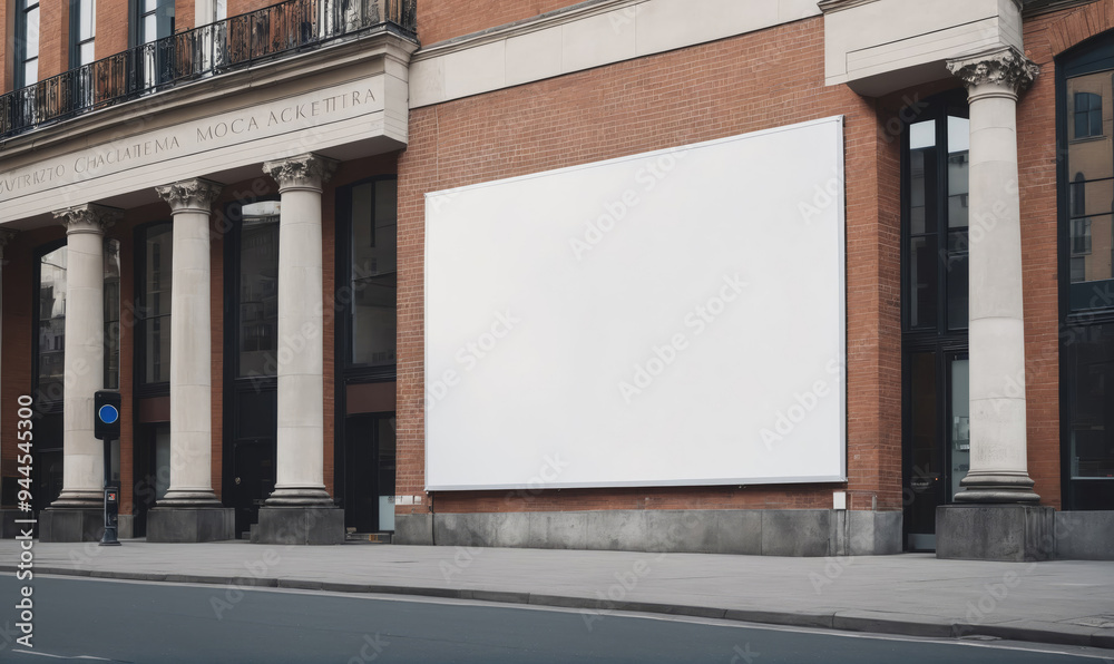 A large, blank billboard is mounted on the side of a brick building with white columns in an urban area A large, blank billboard is mounted on the side of a brick building with white columns in an urban area