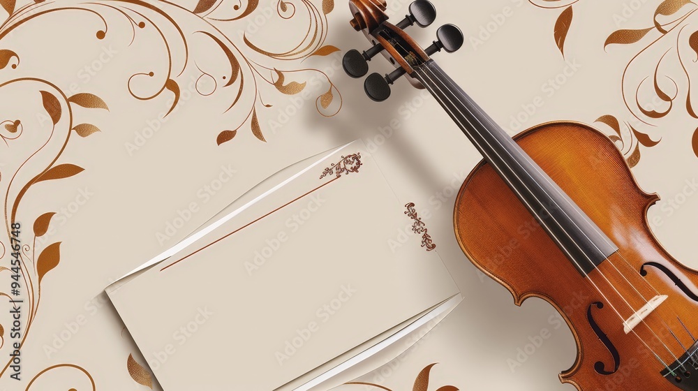 Fototapeta premium Violin on a beige background with golden floral pattern.