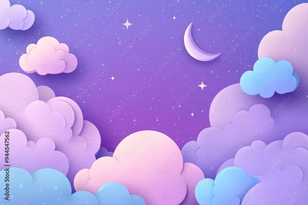 Papercraft Night Sky with Fluffy Clouds, Stars, and a Crescent Moon Illustration. Papercraft Night Sky with Fluffy Clouds, Stars, and a Crescent Moon Illustration.