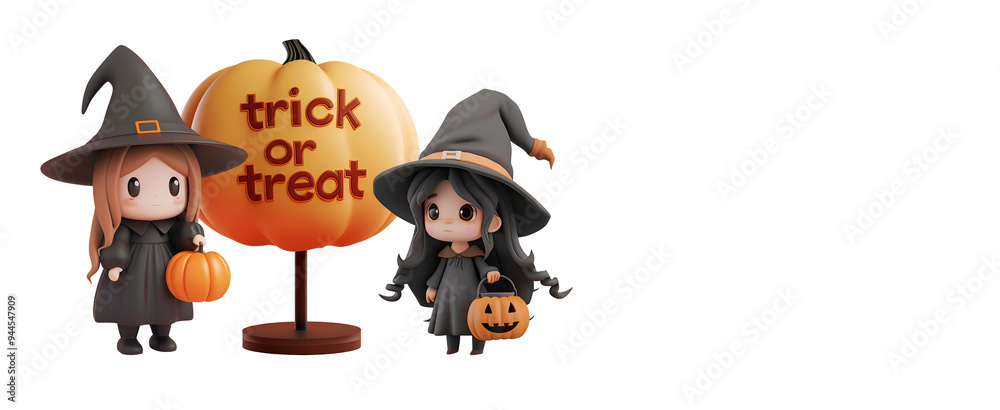 3D Witch Halloween Celebration: Trick or Treat with Witch in Cartoon Banner with Text Copy Space, Isolated on Transparent Background, PNG 3D Witch Halloween Celebration: Trick or Treat with Witch in Cartoon Banner with Text Copy Space, Isolated on Transparent Background, PNG