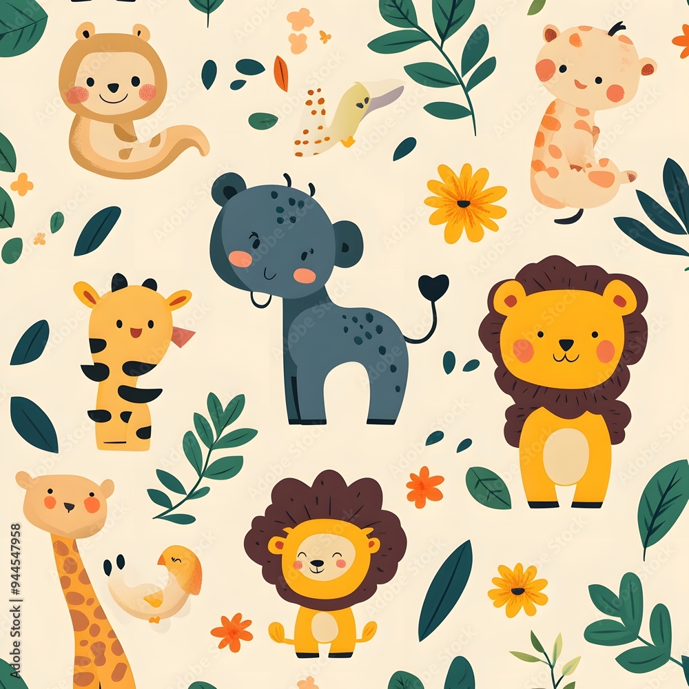 Naklejka premium 31. **Create a seamless pattern featuring playful, cartoonish animals in a colorful, childlike design.**