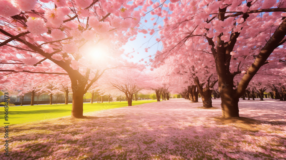 Serene Cherry Blossom Trees In Full Bloom Bathed In Golden Sunset Light Serene Cherry Blossom Trees In Full Bloom Bathed In Golden Sunset Light