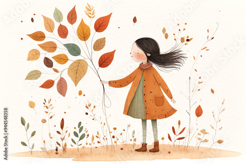 Aquarelle d'une fille tenant une branche avec des feuilles d'automne. Scène délicate et naturelle.