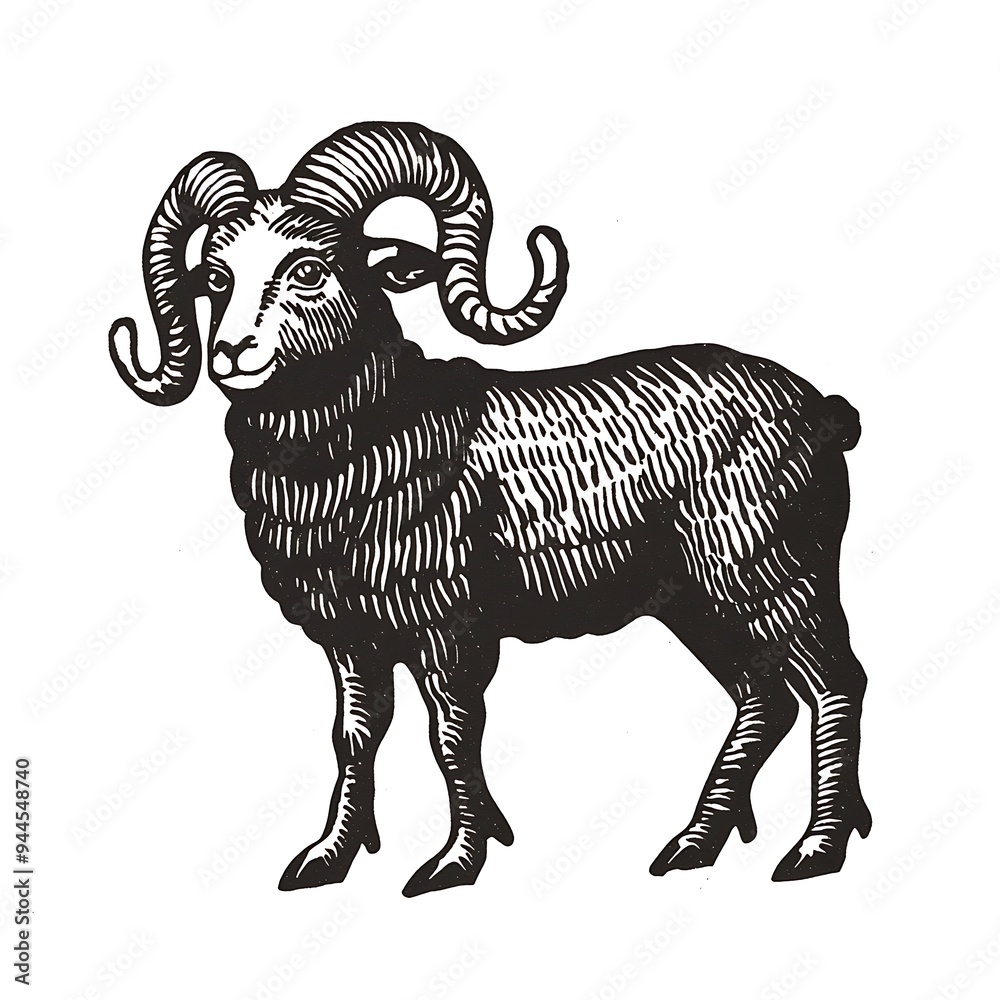 Black and White Illustration of a Ram with Large Curled Horns Black and White Illustration of a Ram with Large Curled Horns