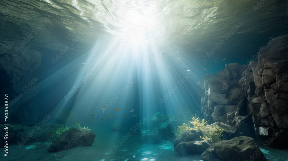 Obraz premium Sunlight Filtering Through Underwater Cave Capturing the Play of Light on Rocky Terrain