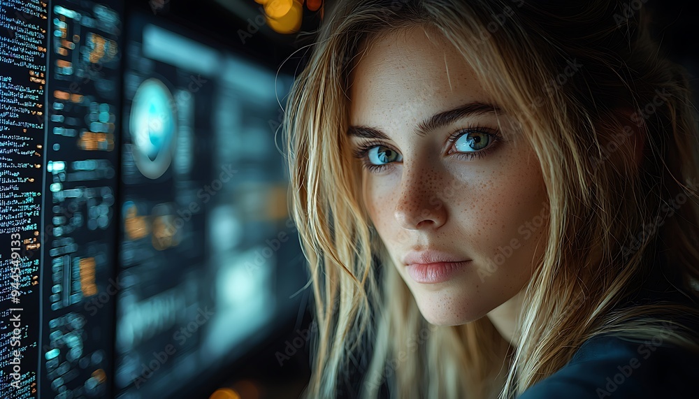 AI cyber security concept. Female IT Computer specialist analyzing artificial intelligence digital threats to consumer data & privacy breach. Software developer coding & ethical hacking in dark office AI cyber security concept. Female IT Computer specialist analyzing artificial intelligence digital threats to consumer data & privacy breach. Software developer coding & ethical hacking in dark office