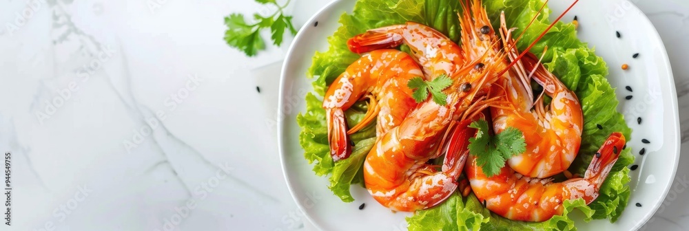 Steamed poached giant tiger prawns with vegetables served on a white table, featuring Asian cuisine. Steamed poached giant tiger prawns with vegetables served on a white table, featuring Asian cuisine.