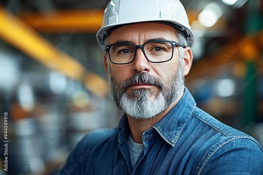 A confident, bearded man wearing a hard hat and glasses poses in an industrial workshop filled with machinery and tools. Generative AI A confident, bearded man wearing a hard hat and glasses poses in an industrial workshop filled with machinery and tools. Generative AI