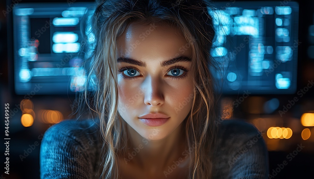 AI cyber security concept. Female IT Computer specialist analyzing artificial intelligence digital threats to consumer data & privacy breach. Software developer coding & ethical hacking in dark office AI cyber security concept. Female IT Computer specialist analyzing artificial intelligence digital threats to consumer data & privacy breach. Software developer coding & ethical hacking in dark office
