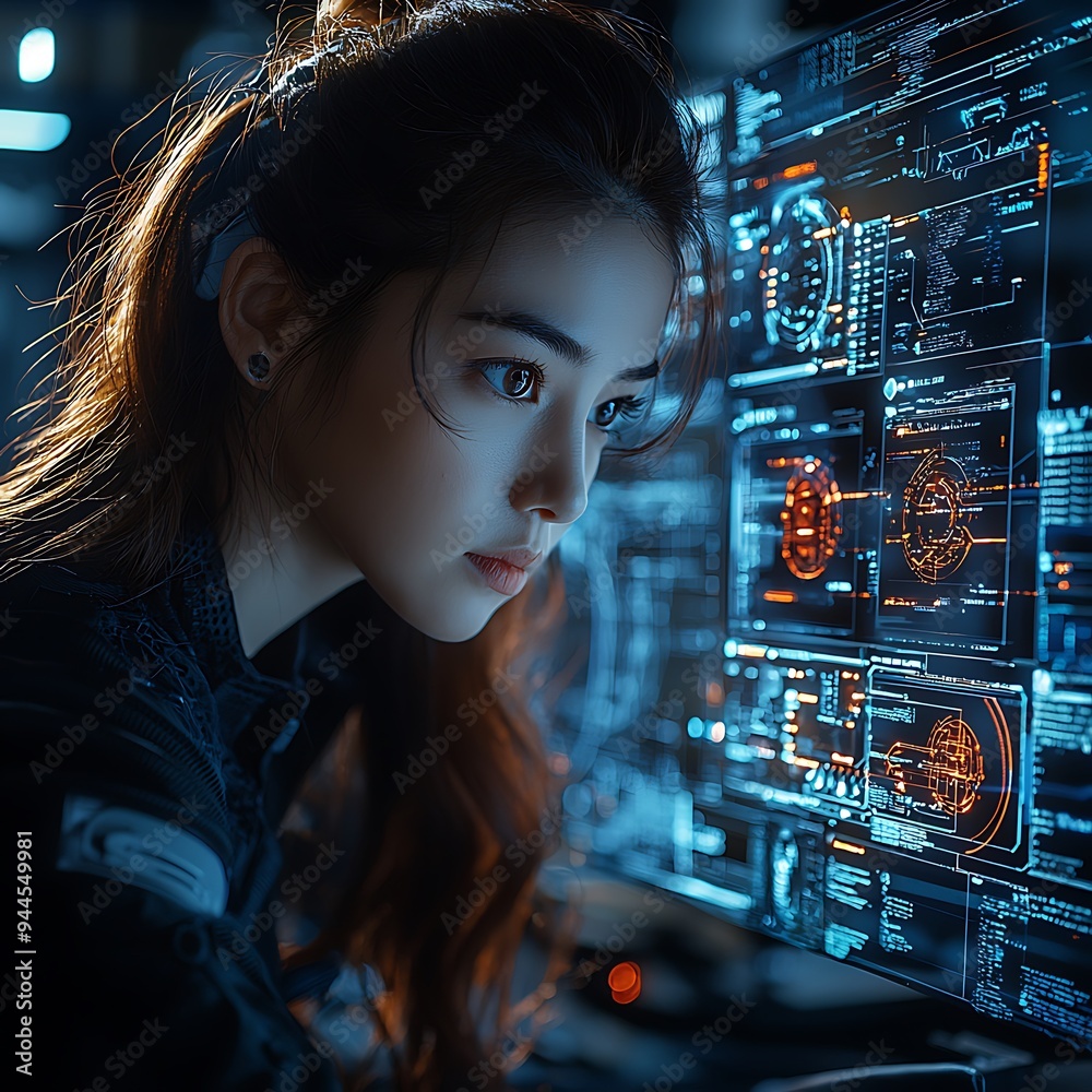 AI cyber security concept. Female IT Computer specialist analyzing artificial intelligence digital threats to consumer data & privacy breach. Software developer coding & ethical hacking in dark office AI cyber security concept. Female IT Computer specialist analyzing artificial intelligence digital threats to consumer data & privacy breach. Software developer coding & ethical hacking in dark office